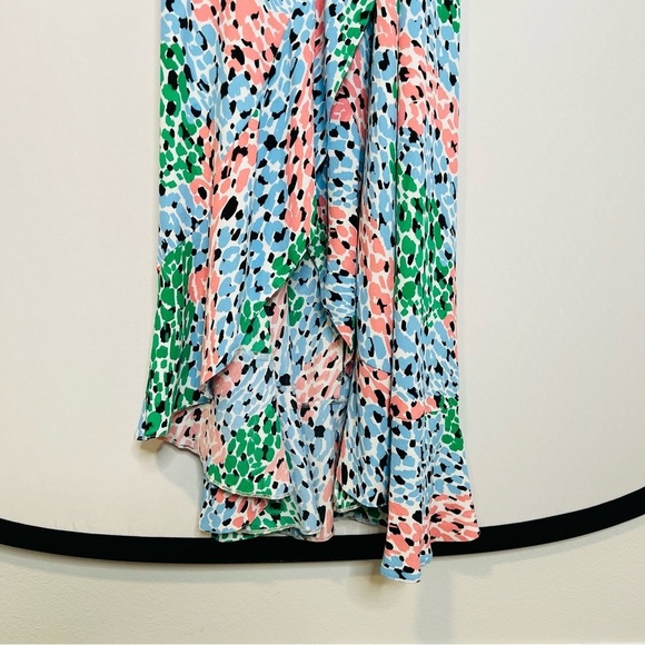 River Island Ruffled Abstract-Print Pastel High-Low V-Neck Wrap Dress. Size 12. - Picture 6 of 14